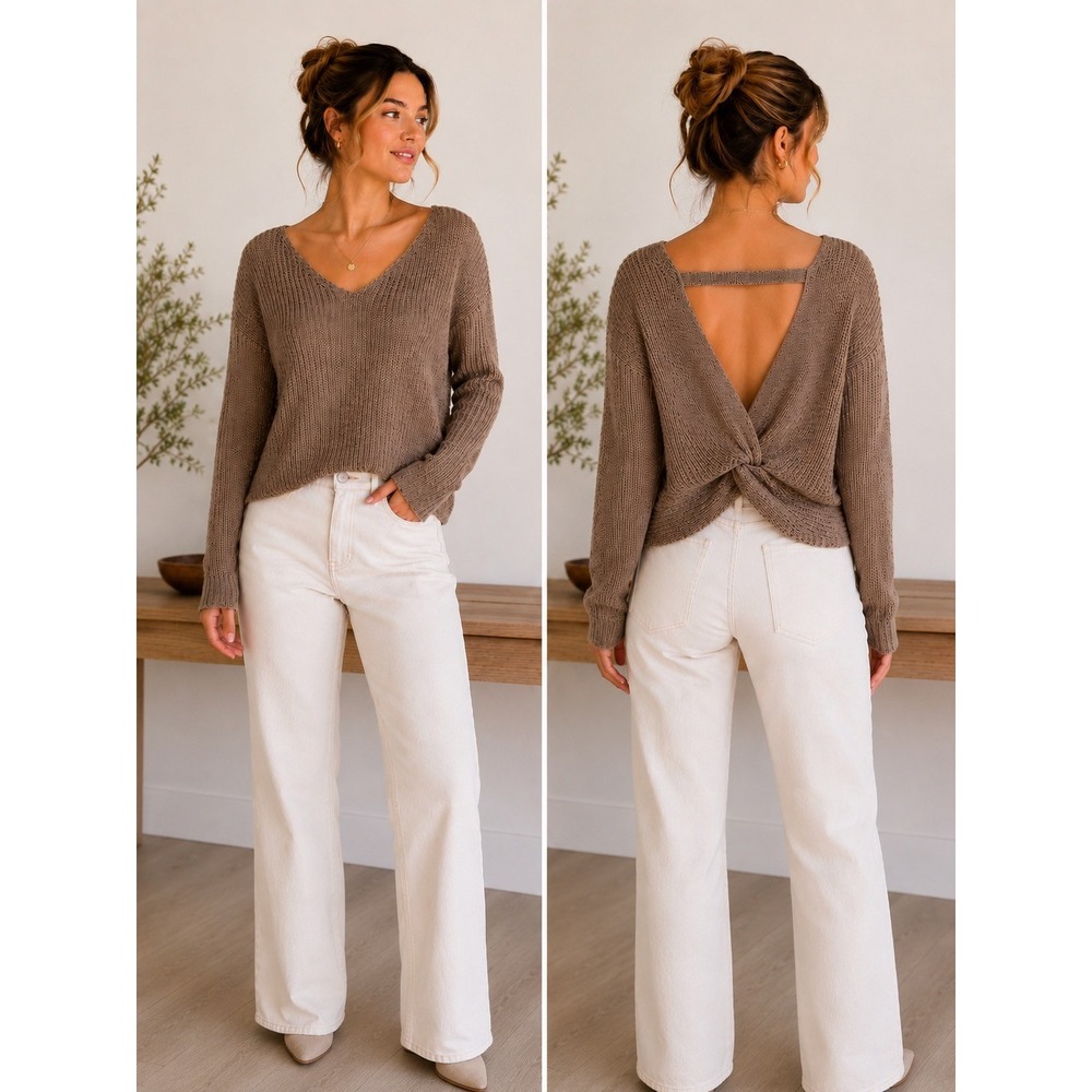 Blu Pepper Mocha Brown Feminine Twist Back V-Neck Knit Sweater‎ Small NWT